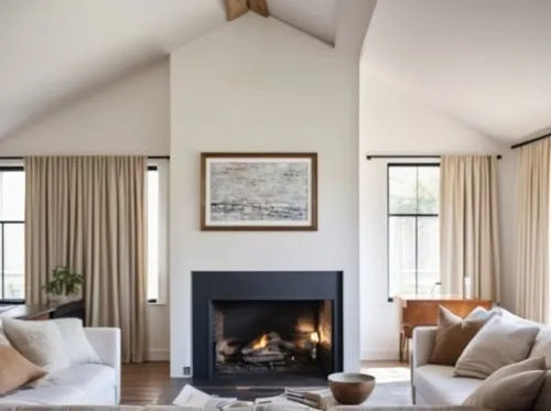 cream white plaster walls with earthy tones, linen curtains and black painted brick fireplace, white sofas and faux white oak beam in the vaulted ceiling,fire place,fireplaces,stucco frame,gold stucco