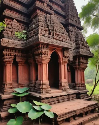 Ancient Indian temple, Chola Dynasty architecture, intricate carvings, Dravidian style, towering gopuram, ornate pillars, vibrant frescoes, golden finials, red sandstone walls, delicate sculptures, lo