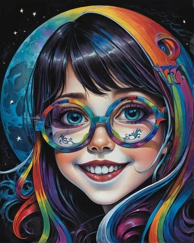 chalk drawing,kids glasses,color glasses,moonbow,psychedelic art,myopia,harmonia macrocosmica,rainbow pencil background,rainbow and stars,soap bubble,spectacles,astronomer,mystical portrait of a girl,cosmic eye,magnify glass,soap bubbles,wonder,silver framed glasses,children's background,rainbow background,Illustration,Black and White,Black and White 07