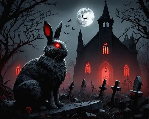 haunted cathedral,halloween illustration,easter theme,rabbits,gray hare,easter bunny,halloween poster,blood church,easter rabbits,halloween background,easter card,blood hound,easter background,rabbit,halloween wallpaper,rabbits and hares,witch house,dark art,bunny,animal grave,Conceptual Art,Fantasy,Fantasy 02