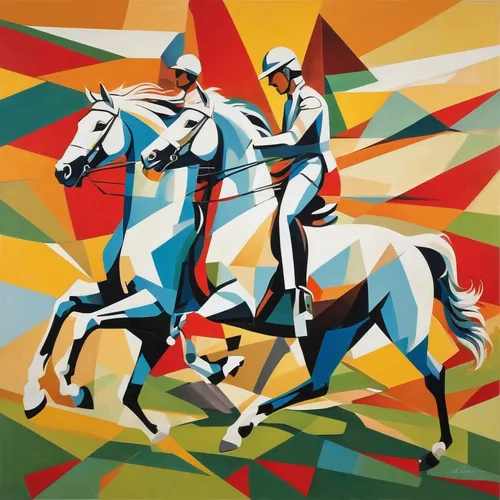 Describe the majestic Andalusians galloping through a sunny meadow.,modern pentathlon,two-horses,horse riders,cavalry,man and horses,cross-country equestrianism,equestrian sport,tent pegging,horse rac