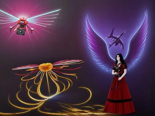 an art print of a woman in a red dress with her camera and angel wings,angel and devil,evil fairy,archangels,phoenixes,sorceresses,angels of the apocalypse,Illustration,Realistic Fantasy,Realistic Fan