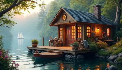 summer cottage,house with lake,house by the water,houseboat,cottage,boat house,houseboats,boathouse,floating huts,fisherman's house,wooden house,small cabin,beautiful home,dreamhouse,home landscape,boat landscape,summer house,boathouses,boat shed,house in the forest,Photography,General,Realistic