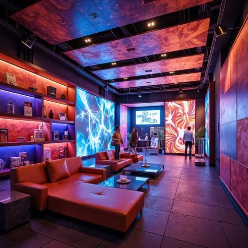 Vibrant dynamic space, textured walls, reflective metallic surfaces, glossy finishes, neon lights, futuristic ambiance, interactive exhibits, immersive experiences, virtual reality integration, sleek 