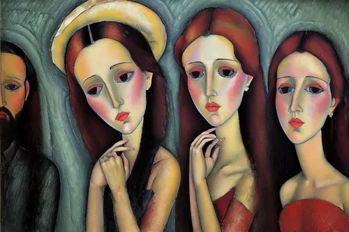 style peinture modigliani,  assez  colorée, ,contemporary witnesses,the mother and children,singers,women at cafe,group of people,candlemas,praying woman,ladies group,mother with children,holy family,