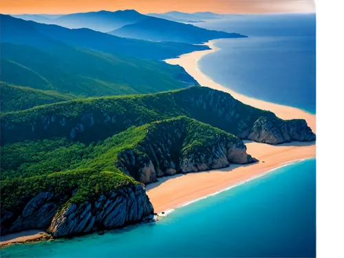 Aerial view, peninsula, Mediterranean sea, clear turquoise water, rugged coastline, sandy beach, rocky cliffs, lush green forests, misty mountains, sunrise or sunset, warm golden light, 3/4 compositio