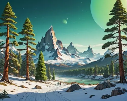 A retrofuturistic city of humans, on a cold (((patagonian climate with some pine trees around))) alien planet, in a distant solar system. Retro sci-fi.,cartoon video game background,winter background,