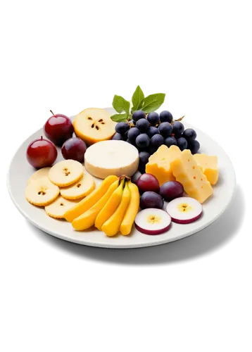 Round plate, white porcelain, still life, solo, food arrangement, fruits (apple, banana, grapes), cheese, crackers, garnish (fresh herbs, edible flowers), morning light, soft shadows, 3/4 composition,