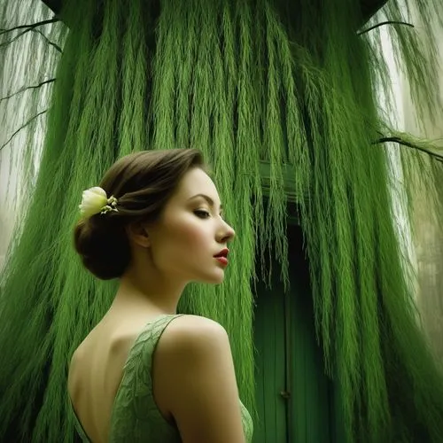 background ivy,faerie,faery,dryad,green wallpaper,grene,greenness,weeping willow,greenwillow,green tree,the enchantress,verdant,enchantress,saria,greensleeves,green waterfall,art deco background,green background,fairy queen,vietnamese woman,Photography,Artistic Photography,Artistic Photography 06