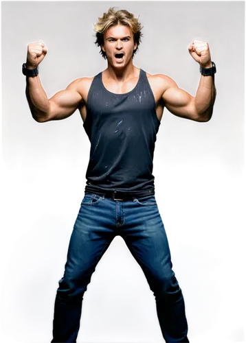 Dynamic action scene, intense fighting, muscular man, aggressive facial expression, clenched fists, worn jeans, black tank top, messy hair, sweat droplets, strong lighting, dramatic shadows, low-angle