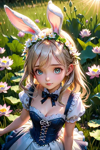 An ultra detailed, top view, a sweet girl in a field, wearing bunny ears and a lotus flower crown and flower corset, ultrarealistic sweet, art by anna nikonova aka newmilky, hyper realistic, realism, 