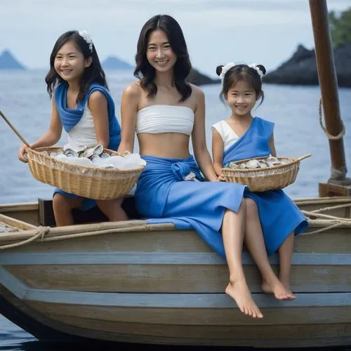 A smiling Japanese mother and daughters wearing loincloths printed with blue and white waves, sitting on a fishing boat, holding two baskets of oysters.,A Japanese Ama pearl diver sits with her daught