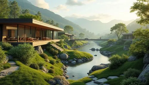 house by the water,house in mountains,house in the mountains,idyllic,house with lake,japanese zen garden,asian architecture,home landscape,beautiful home,zen garden,the cabin in the mountains,ryokan,zen,landscape background,serene,roof landscape,teahouse,japanese garden,summer cottage,shangri,Photography,General,Realistic