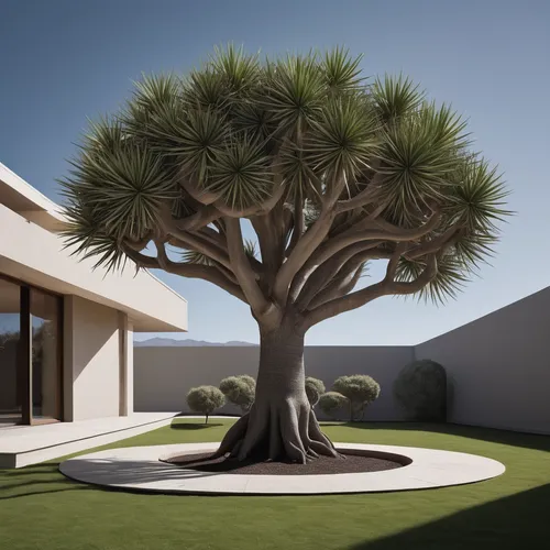 Create a peaceful garden setting with a Canarian dragon tree as the centerpiece, radiating tranquility and harmony.,canarian dragon tree,landscape design sydney,landscape designers sydney,dragon tree,