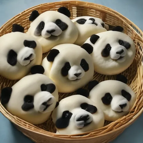 a bowl full of panda cookies sitting on a table,pandas,pandua,pandita,gujiao,bao,pandyas