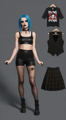 Paper doll 2d cartoon punk blue haired girl in black sleeveless shirt , black spandex shorts, complete full length fishnet and black punk knee Boots, standing surrounded by with a set of punk fashion 