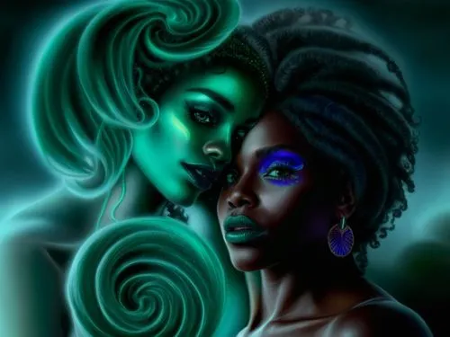 nude Beautiful nigerian girl, full dark curly hair, big green almond eyes, full black lips, misty sky,two beautiful black women with colorful makeup,afrofuturism,neon body painting,leota,vodun,oshun,p