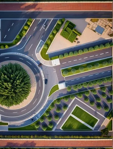 circulacion vehicular de 1 carril sobre glorieta con banquetas arboladas,highway roundabout,traffic circle,roundabout,traffic junction,botanical square frame,paved square,intersection,transport hub,ci