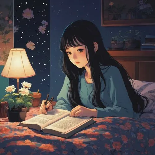 girl studying,hikikomori,sogni,reading,to study,girl drawing,Illustration,Japanese style,Japanese Style 20