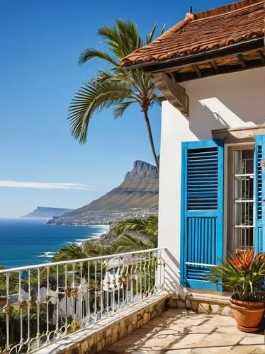 South African, Cape Dutch, colorful, ornate, intricate stonework, vibrant shutters, wooden doors, rustic roof tiles, white walls, balconies with iron railings, tropical plants, palm trees, Table Mount