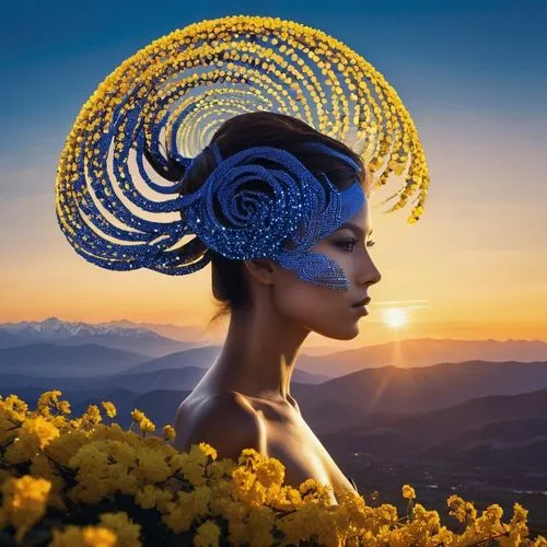 yellow sun hat,beautiful bonnet,fractals art,headress,the hat of the woman,flower in sunset,Photography,Artistic Photography,Artistic Photography 14