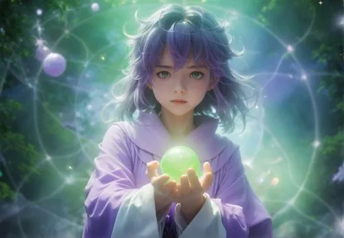 a woman in a purple robe that develops in light folds with a high hairstyle holds a green ball in her hands,nephrite,naraku,yuki nagato sos brigade,akashic,violet evergarden,schierke,miriya,lavenu,lac