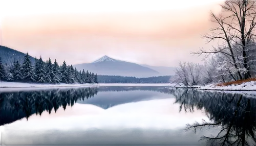 Winter landscape, snow-covered trees, frozen lake, distant mountains, misty atmosphere, soft focus, panoramic view, 3/4 composition, warm color tone, cinematic lighting, frosty air, snowflakes gently 