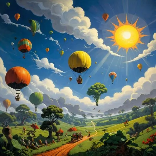 balloonists,balloon trip,colorful balloons,kites balloons,flying seeds,balloons flying,ballooning,balloonist,world digital painting,gas balloon,terraformed,balloon,airships,ecotopia,mushroom landscape,balloons,locoroco,bloons,balloon fiesta,children's background,Conceptual Art,Sci-Fi,Sci-Fi 15