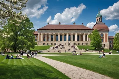 Modern university campus building, MSU, grand entrance with pillars, vibrant green lawn, walking paths surrounded by blooming flowers, students sitting on benches, studying or socializing, warm sunny 