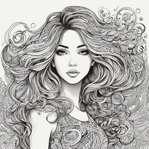 fashion illustration,pencil drawings,boho art,pencil drawing,line-art,line art,mermaid vectors,gypsy hair,wind wave,the sea maid,fantasy portrait,lineart,hand-drawn illustration,girl drawing,pencil art,line drawing,graphite,ilustration,filigree,fluttering hair,Illustration,Black and White,Black and White 05