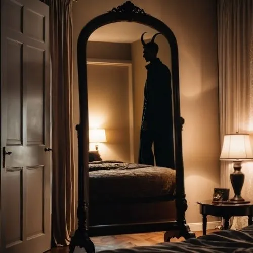 Silhouette of a tall skinny man with horns,a man dressed in a horned hat in a bedroom mirror,four poster,bedchamber,bedroom,victorian room,sleeping room,bedrooms