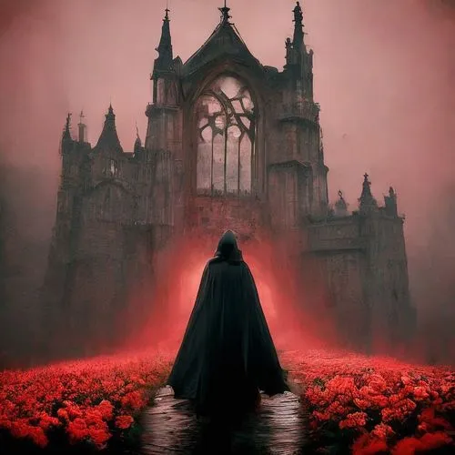 haunted cathedral,dracula,gothic,hall of the fallen,red cape,strahd,fantasy picture,gothic church,gothic style,gothicus,castlevania,way of the roses,harnam,gothic portrait,pilgrimage,dark gothic mood,