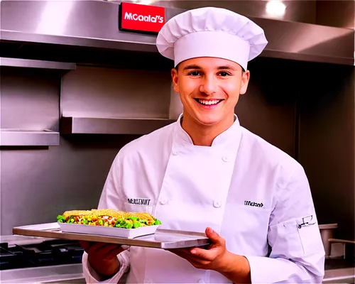 Modern kitchen, McDonald's restaurant interior, bright lighting, stainless steel counters, rows of kitchen equipment, chef hat, white apron, name tag, holding tray, serving food, smiling face, warm at