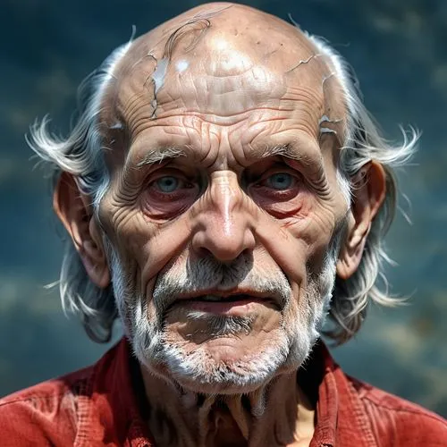 A surreal, hyper-realistic image of an old man's face, with deep wrinkles and wise, piercing eyes. His face is covered with subtle, paint-like textures and fine cracks, giving a sense of age and exper