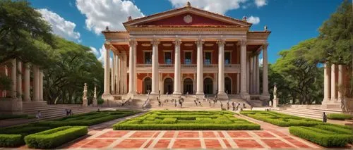 UT Austin architecture, Beaux-Arts style, grand entrance, ionic columns, ornate facade, red-tiled roof, symmetrical composition, sunny day, blue sky, few clouds, lush greenery, blooming flowers, paved