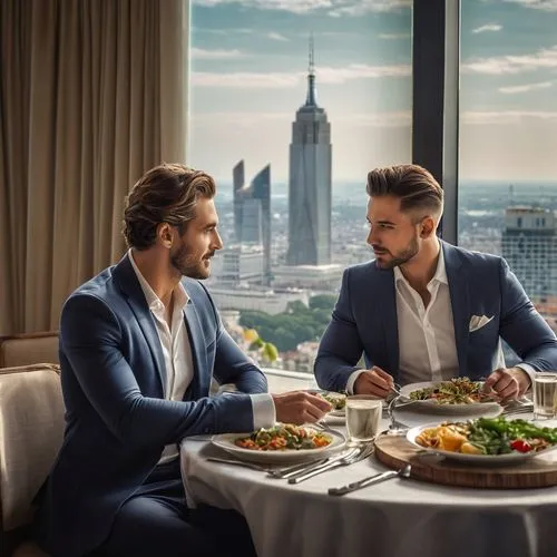 a handsome man and his boyfriend, 30 years old, sitting at table in a hotel ballroom with a nice meal, with a view of the city,viennese cuisine,fine dining restaurant,catering service bern,restaurants