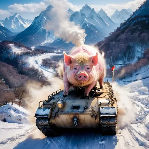 kawaii pig,cartoon pig,suckling pig,warthog,tankink,moottero vehicle,Photography,Artistic Photography,Artistic Photography 04