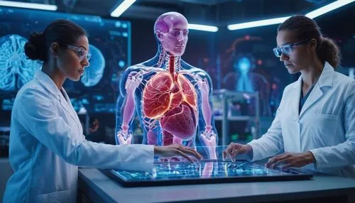 Two Bioengineers Working With Computer-Powered VFX Hologram Of Human Body And Organs In Futuristic Lab. Man And Woman Researching Blood Flow, Developing Innovative Healthcare Solutions. long view..,hu