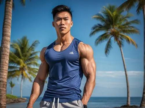 Muscular Asian male, perfect physique, toned chest, defined abs, broad shoulders, narrow waist, athletic legs, sporty shorts, sleeveless shirt, confident posture, standing, outdoors, tropical beach, p