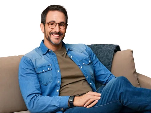 Mature man, father, solo, (40yo), short beard, mustache, messy brown hair, glasses, casual wear, blue denim shirt, grey jeans, black leather belt, sitting on couch, relaxing, warm smile, soft focus, n