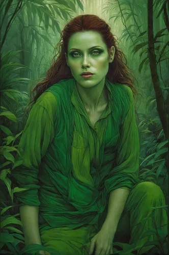 old green fairy in the jungle,rusalka,anahata,poison ivy,maureen o'hara - female,fae,patrol,the enchantress,aaa,green skin,fantasy portrait,jaya,dryad,lilian gish - female,druid,green background,green