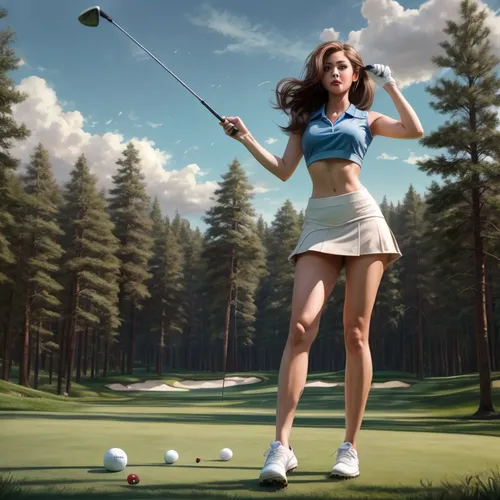 realistic beautiful girl, oval face shape, brown long hair, s-shape eyebrow, almond eyes, blue eyes, heart shaped lips, triangle body shape, (full body show), masterpiece. playing Golf, open chest,hol