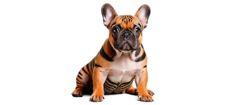 Tiger-striped French Bulldog, sitting, cute face, big eyes, short snout, floppy ears, white chest, orange body, black stripes, shiny fur, detailed whiskers, relaxed posture, soft focus, warm lighting,