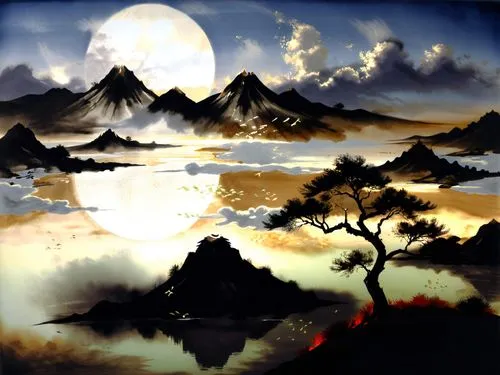 fantasy landscape,landscape background,virtual landscape,world digital painting,mountain scene,mountainous landscape,dusk background,mountain landscape,japanese mountains,mountain world,volcanic landscape,lunar landscape,an island far away landscape,high landscape,desert landscape,derivable,fantasy picture,cartoon video game background,fractal environment,asheron,Illustration,Paper based,Paper Based 30