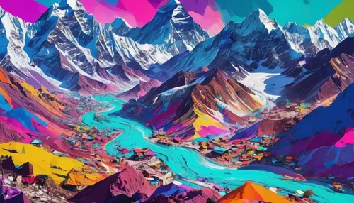 himalaya,himalayas,mountains,colorful background,mountain world,glacier,snow mountains,high mountains,background colorful,moutains,moraine,japanese alps,mountainous landscape,valley,mountain,canyon,mountain landscape,himalayan,the landscape of the mountains,vibrant,Conceptual Art,Oil color,Oil Color 21