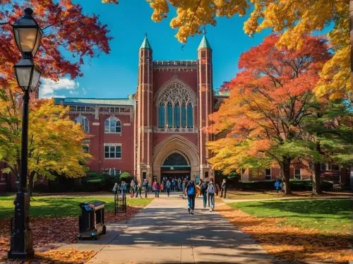 Northeastern University campus, modern architecture, red brick buildings, green rooftops, intricate stone carvings, grand entrance gates, sprawling lawn, autumn foliage, vibrant yellow leaves, student