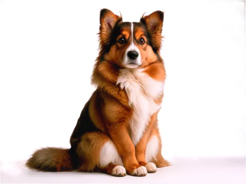 Cute dog, fluffy fur, brown eyes, floppy ears, wagging tail, sitting posture, white background, soft focus, shallow depth of field, warm lighting, 3/4 composition, high-angle shot, adorable expression