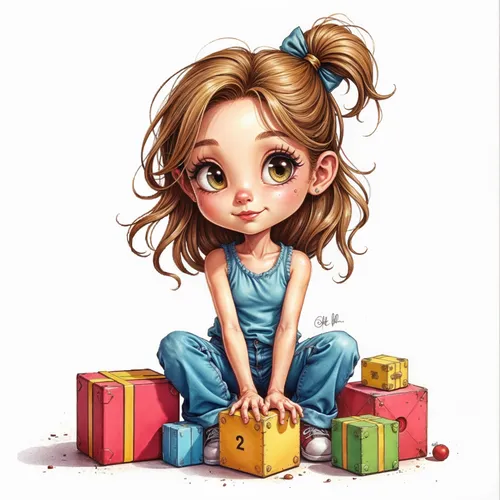 kids illustration,cute cartoon image,blonde girl with christmas gift,chibi girl,presents,gifts