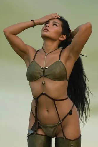 a woman in a brown bikini and leather garter with her hands on her head,rajakumari,matangi,rituparno,rituparna,manorama,pvt,Conceptual Art,Fantasy,Fantasy 07