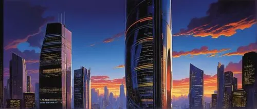 Futuristic computer-aided architectural design, 2001, sleek modern skyscraper, glass and steel structure, curved lines, neon lights, cityscape, metropolitan area, sunset time, dramatic clouds, low-ang